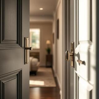 Apartment suite door with nickel lever