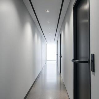 Long corridor with matte black levers