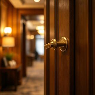 Lobby door with brushed brass lever