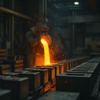 Molten brass being cast into ingots